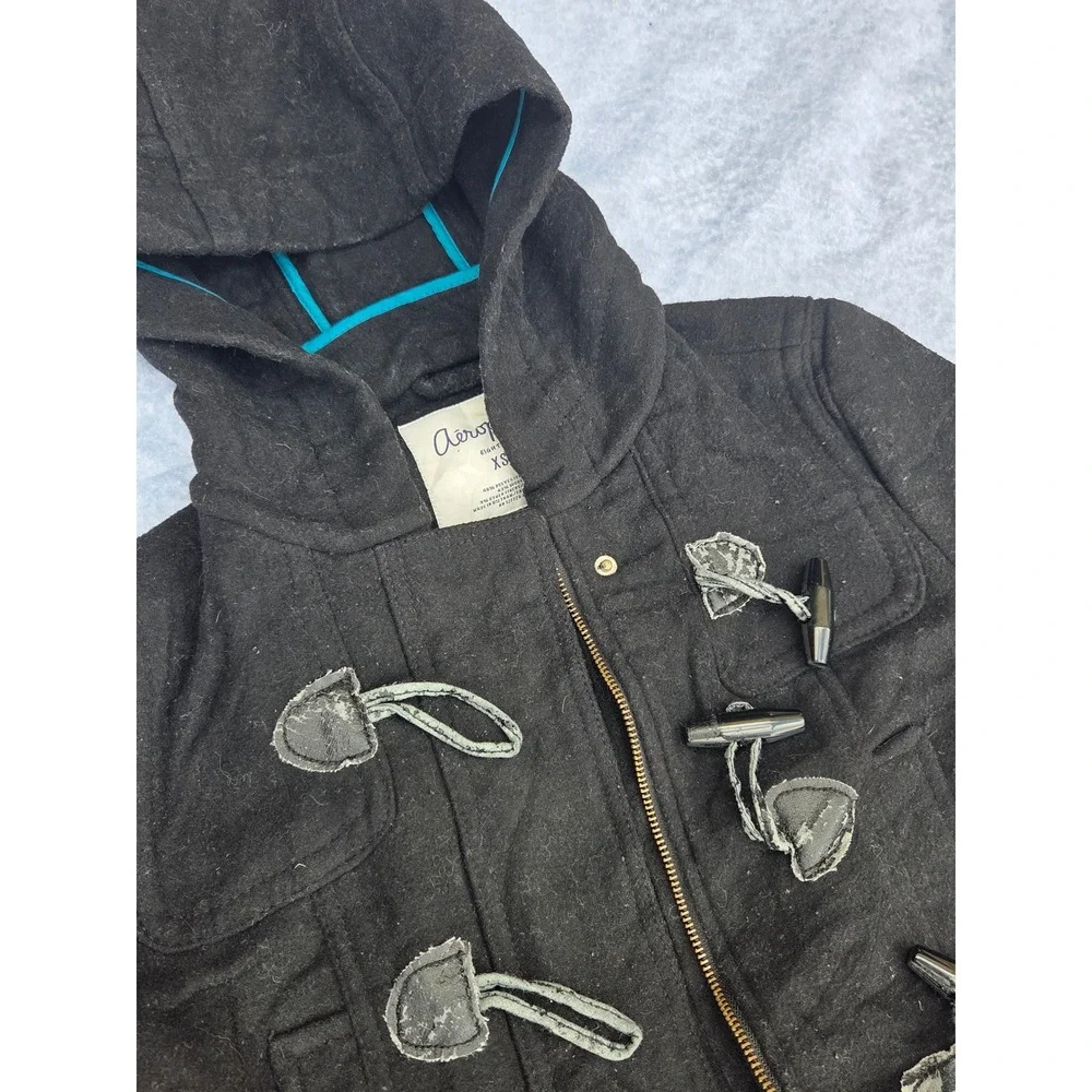 Aeropostale Womens Wool Blend Duffle Coat Black Hooded Toggle Jacket XS‎